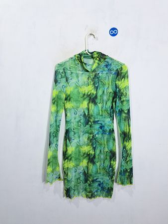 Green Mesh Abstract Print Mini Dress