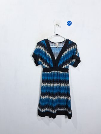 Heart Soul Women's Blue Diamond Print V-Neck Dress with Belt