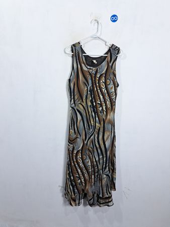Sleeveless abstract print midi dress with ruffled hem