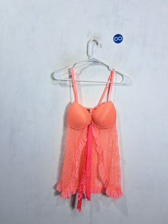 Coral Babydoll Lingerie with Lace Overlay and Ribbon Detail