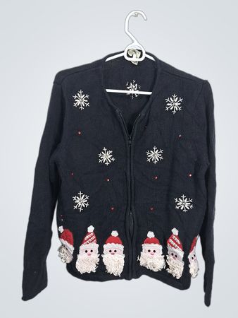 Classic Elements Petite Black Christmas Santa and Snowflakes Zip-Up Cardigan