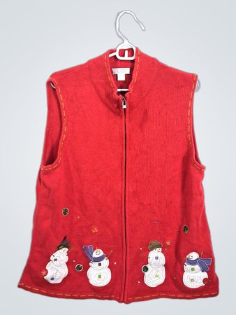 Red Sleeveless Zipper Vest with Snowman Appliques