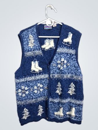 North Crest The Spirit of Adventure Blue Sweater Vest with Ice Skates and Snowflakes
