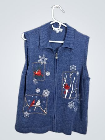 Southern Lady Blue Sleeveless Sweater Vest with Cardinal and Snowflake Embroidery