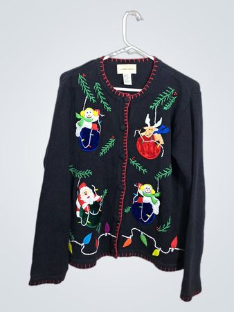 LEMON GRASS Black Christmas Ornament Applique Cardigan Sweater