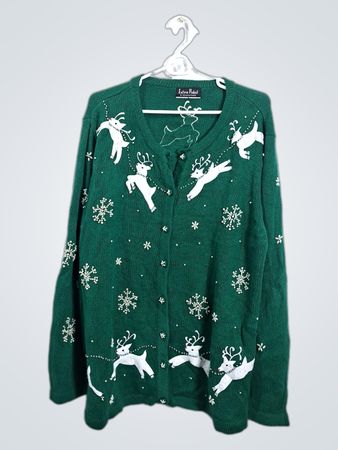 Extra Point by Reference Point Green Christmas Cardigan with Reindeer and Snowflakes