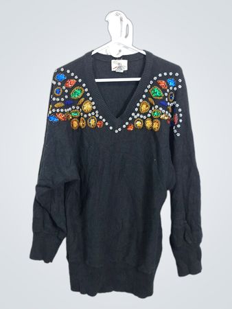 Black V-Neck Sweater with Embellishments