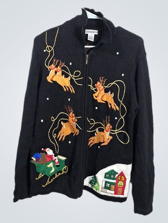 Investments Black Christmas Sweater with Reindeer and Santa Sleigh