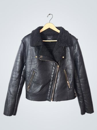 Black Faux Leather Biker Jacket with Sherpa Collar