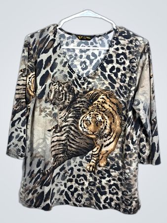 VALENTINA Damen Tigerprint V-Ausschnitt Oberteil