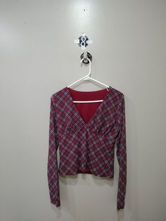 Maroon Plaid Long Sleeve V-Neck Top