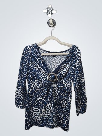 AB STUDIO Damen Blau Leopardenmuster V-Ausschnitt Oberteil