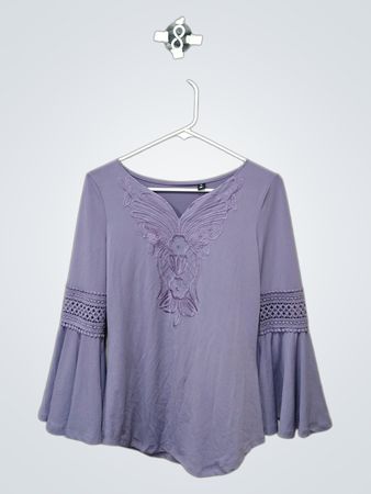 Purple Bell Sleeve Top with Embroidered Neckline