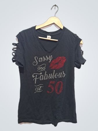 Black Sassy and Fabulous at 50 V-Neck T-Shirt with Rhinestones