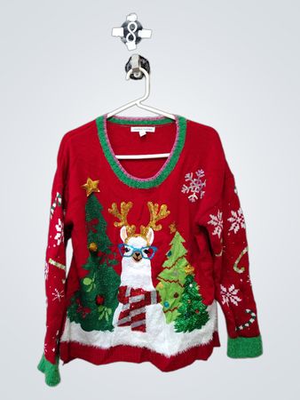 CELEBRATE TOGETHER Red Llama Ugly Christmas Sweater
