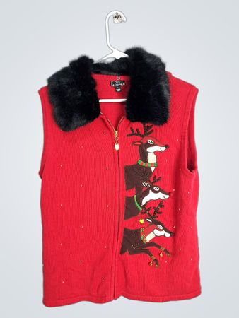 Veste rouge en renne pour femmes Lisa International avec col en fourrure