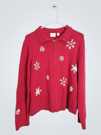 Sonoma life+style Women's Red Snowflake Zip-Up Sweater