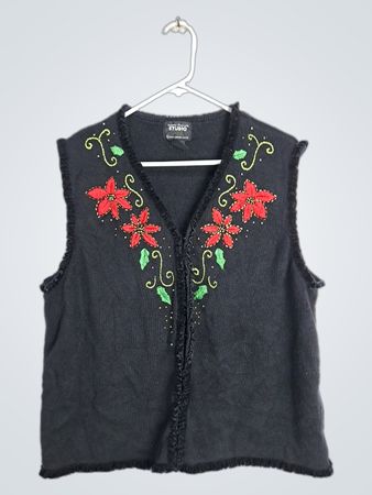 Schwarze ärmellose Weste mit roter Blumenbestickung
