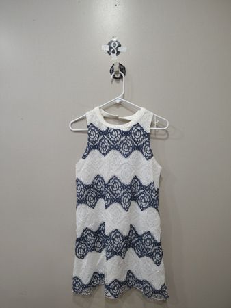 Weißes und blaues Spitzen-Ärmeloses Kleid