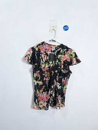 Black floral print sheer ruffle blouse