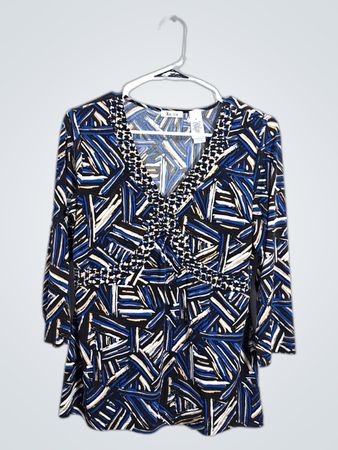 Liz & Co. Damen Blau Geometrisches Druck V-Ausschnitt Top