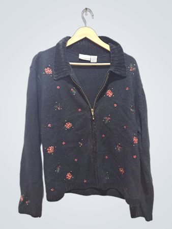sweater zippé noir pour femmes croft & barrow avec broderie florale