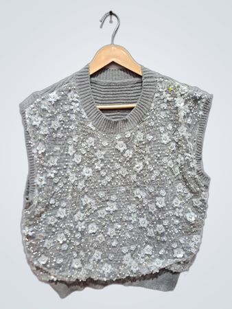 Grey Sequin Floral Embellished Knit Vest