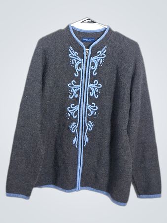 Karen Scott Woman Grey Embroidered Zip-Up Cardigan