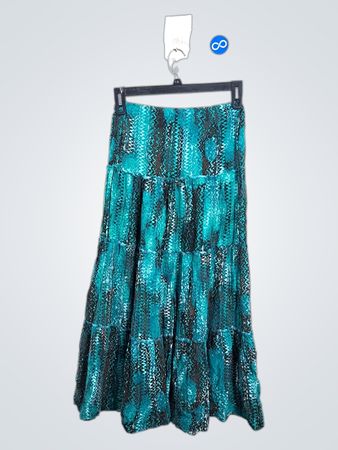 Jupe maxi à volants avec motif bleu-vert et marron