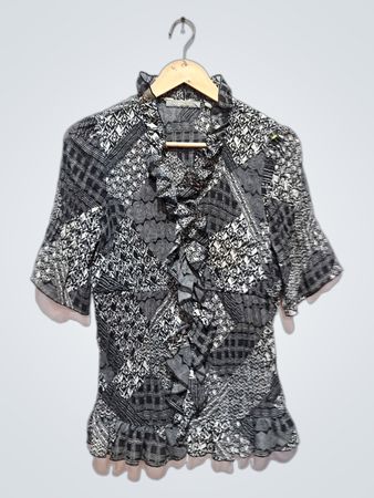 NY Collection Black and White Patchwork Ruffle Blouse