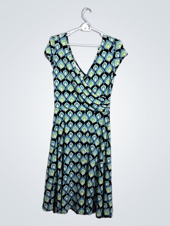 dressbarn Women's Blue Green Black Geometric Print Faux Wrap Dress