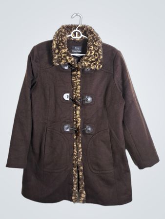 DENNIS BASSO Women's Brown Duffle Coat with Faux Fur Trim