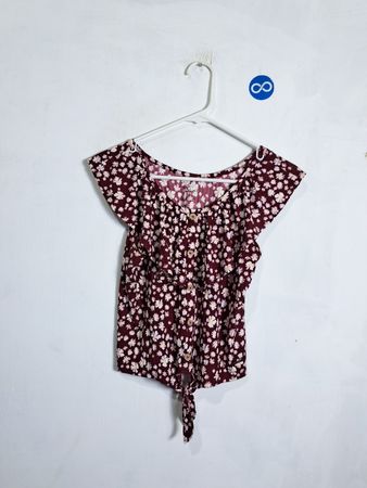 Justice Girls Burgundy Floral Tie-Front Flutter Sleeve Top
