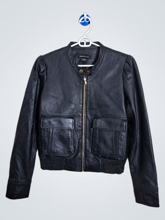 Moda International Black Leather Bomber Jacket