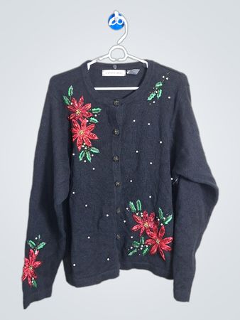 Victoria Jones Women's Black Christmas Poinsettia Cardigan