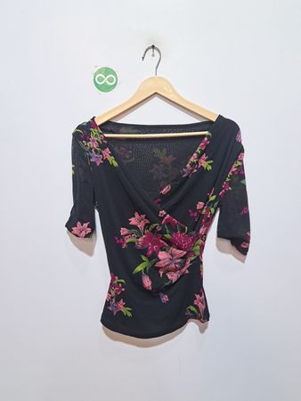 Black floral print mesh wrap top