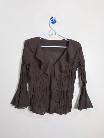 Brown Crinkle Blouse with Ruffle Neck and Bell Sleeves