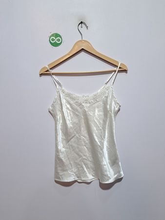 White satin camisole with lace trim