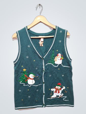 Débardeur de Noël sans manches vert avec broderie de Bonhomme de Neige et d'Arbre de Noël