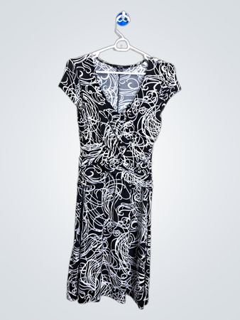 Robe à encolure en V froncée à imprimé tourbillon noir et blanc MAJORA pour femmes