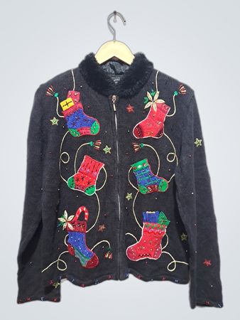 Gilet zippé brodé de chaussette de Noël noire