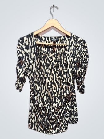 ALFANI Women's Leopard Print Ruched Sleeve Top