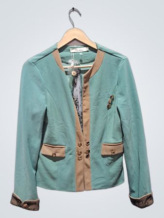 Miss Mimi Teal- und Tan-Blazer mit Spitzenmanschetten