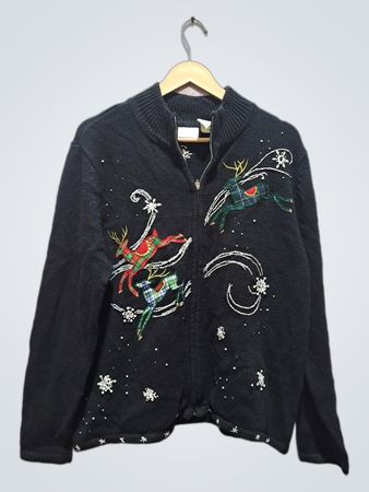 Erika Damensweater Schwarz mit Rentier und Weihnachtsmotiv