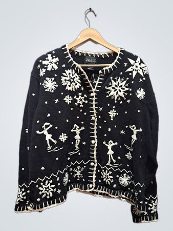 STUDIO Damen Schwarzer Ice Skater Cardigan mit Schneeflocken-Stickerei