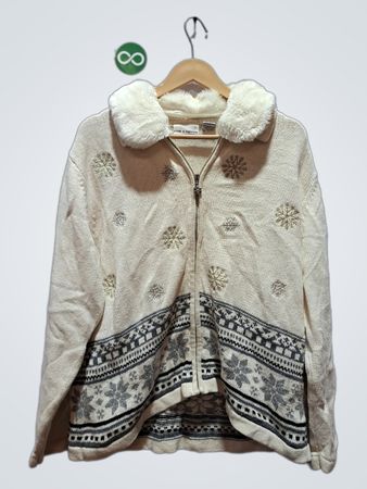 Croft & Barrow Damen Creme Schneeflocken Fair-Isle Reißverschluss-Pullover mit Kunstpelzkragen