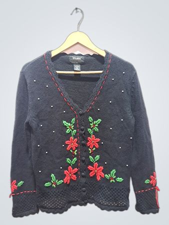 Studio 109 Schwarzer Weihnachtsblumen Perlenbesetzter Cardigan