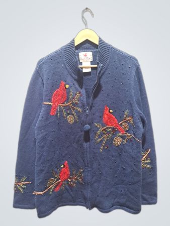 Quacker Factory Blue Cardinal Perlenstrick-Reißverschluss-Pullover