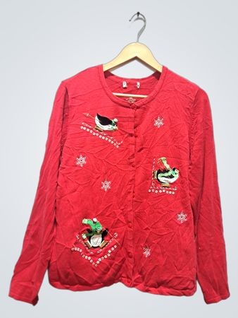 Rotes Langarm-Strickjäckchen mit Pinguin- und Schneeflocken-Applikationen