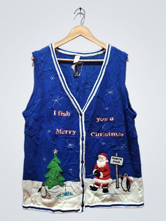 Blaue Weihachtsweste mit Santa und Pinguinen